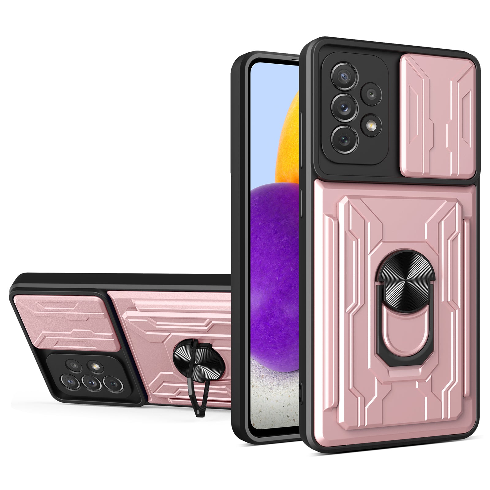Detachable Pushing Card Holder Anti-fall PC + TPU Phone Cover Shell with Ring Kickstand and Camera Protector Slider for Samsung Galaxy A52 4G/5G/A52s 5G