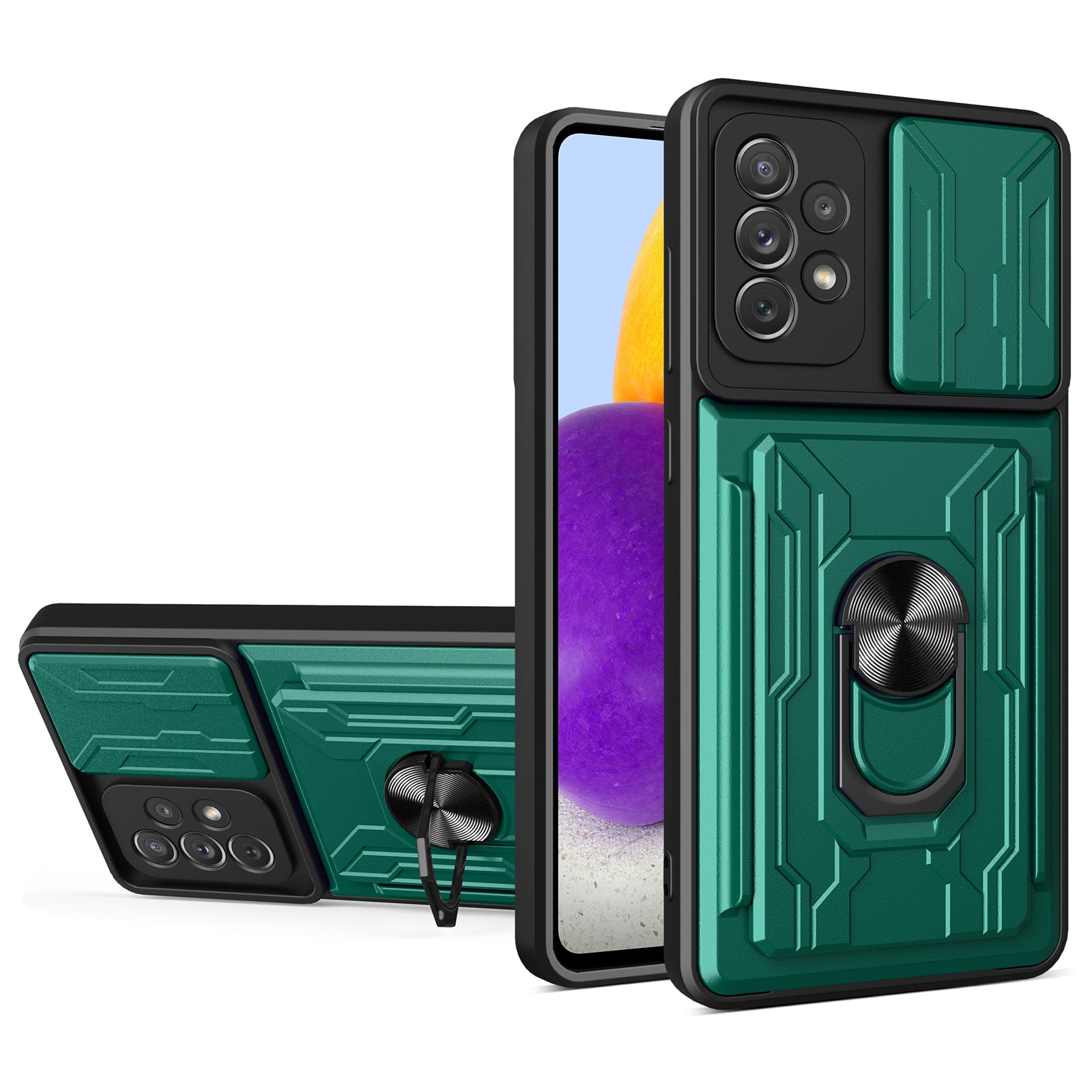 Detachable Pushing Card Holder Anti-fall PC + TPU Phone Cover Shell with Ring Kickstand and Camera Protector Slider for Samsung Galaxy A52 4G/5G/A52s 5G