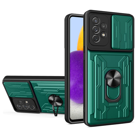 Detachable Pushing Card Holder Anti-fall PC + TPU Phone Cover Shell with Ring Kickstand and Camera Protector Slider for Samsung Galaxy A52 4G/5G/A52s 5G