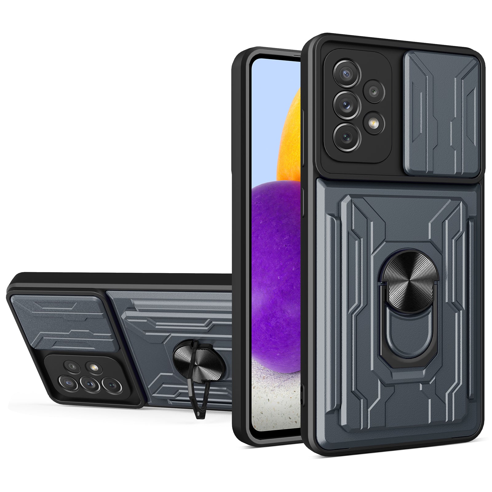 Detachable Pushing Card Holder Anti-fall PC + TPU Phone Cover Shell with Ring Kickstand and Camera Protector Slider for Samsung Galaxy A52 4G/5G/A52s 5G
