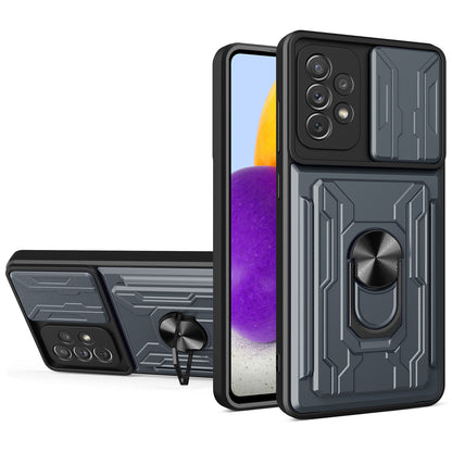 Detachable Pushing Card Holder Anti-fall PC + TPU Phone Cover Shell with Ring Kickstand and Camera Protector Slider for Samsung Galaxy A52 4G/5G/A52s 5G