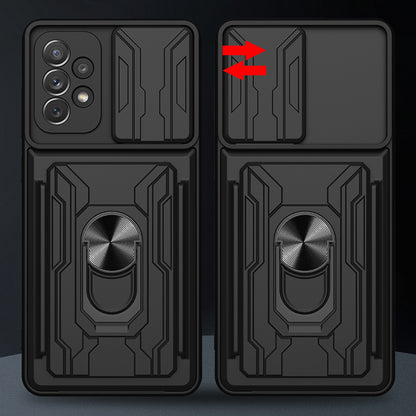 Detachable Pushing Card Holder Anti-fall PC + TPU Phone Cover Shell with Ring Kickstand and Camera Protector Slider for Samsung Galaxy A52 4G/5G/A52s 5G