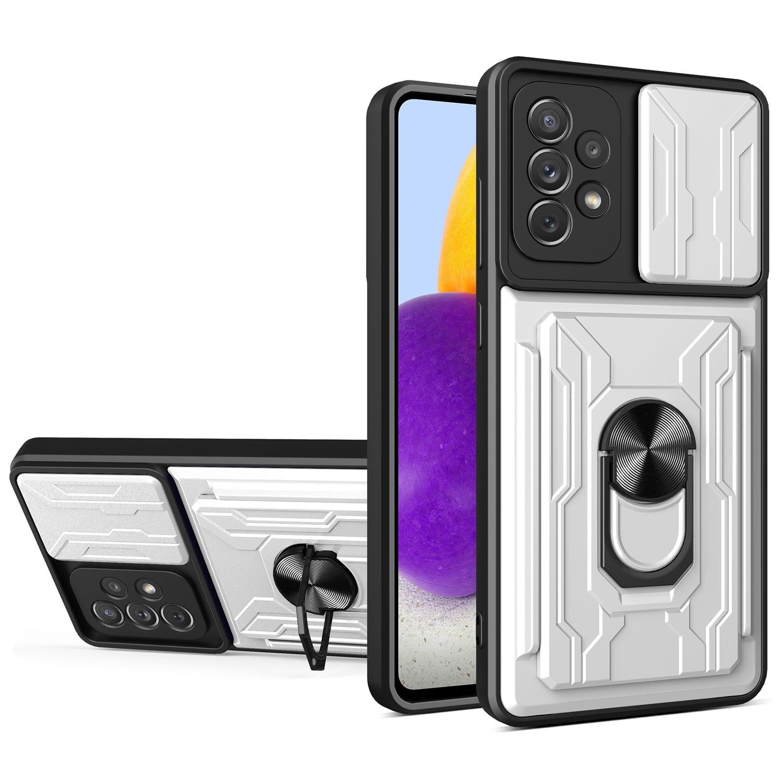 Detachable Pushing Card Holder Anti-fall PC + TPU Phone Cover Shell with Ring Kickstand and Camera Protector Slider for Samsung Galaxy A52 4G/5G/A52s 5G