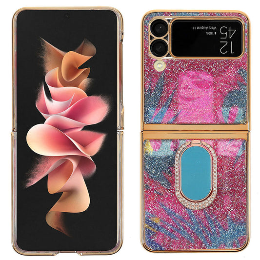 Rhinestone Decoration Stylish Electroplating Metal Ring Kickstand Design Folding Hard PC Case for Samsung Galaxy Z Flip3 5G