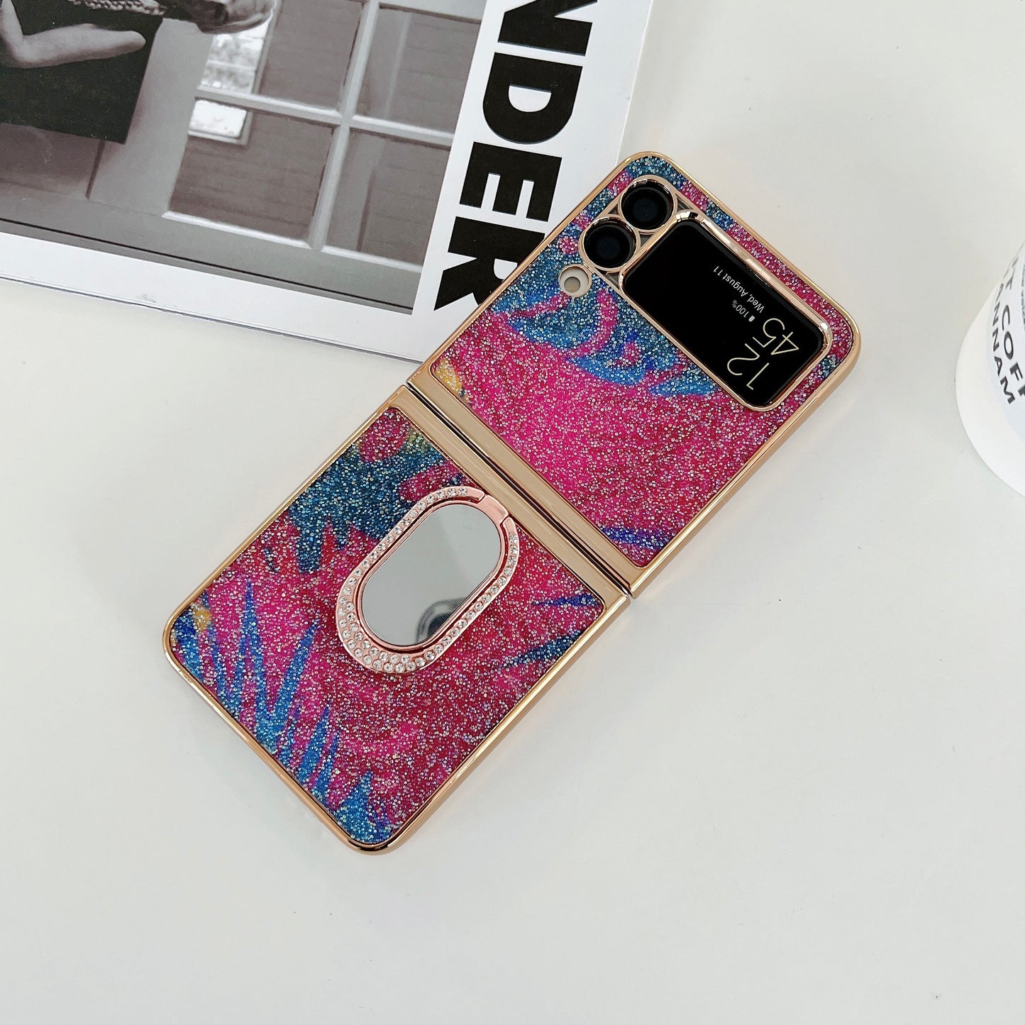 Rhinestone Decoration Stylish Electroplating Metal Ring Kickstand Design Folding Hard PC Case for Samsung Galaxy Z Flip3 5G