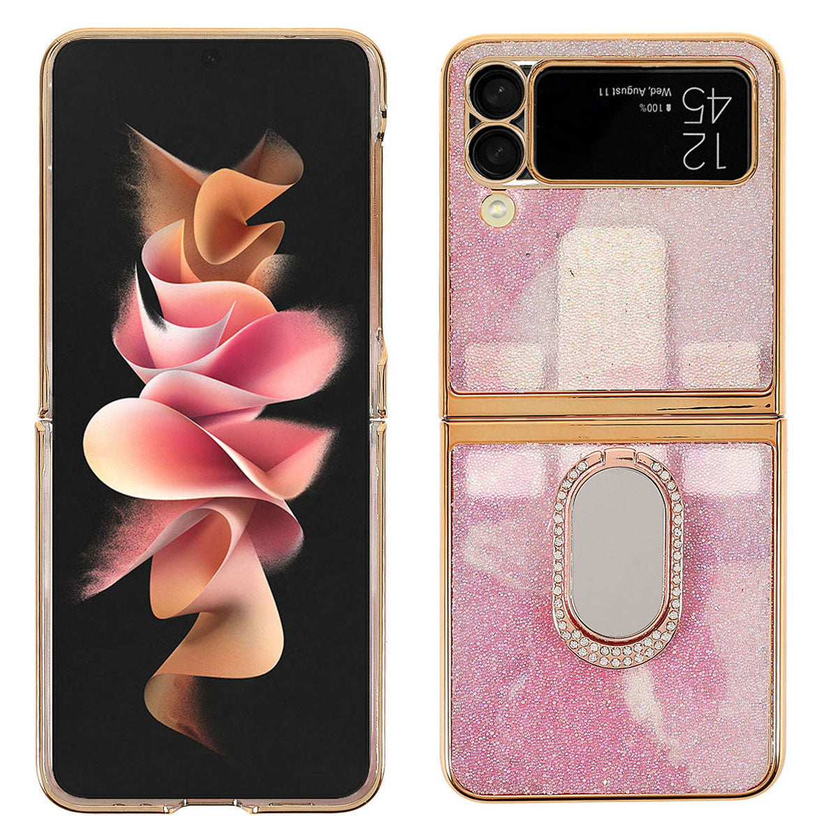 Rhinestone Decoration Stylish Electroplating Metal Ring Kickstand Design Folding Hard PC Case for Samsung Galaxy Z Flip3 5G