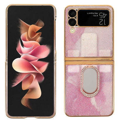Rhinestone Decoration Stylish Electroplating Metal Ring Kickstand Design Folding Hard PC Case for Samsung Galaxy Z Flip3 5G