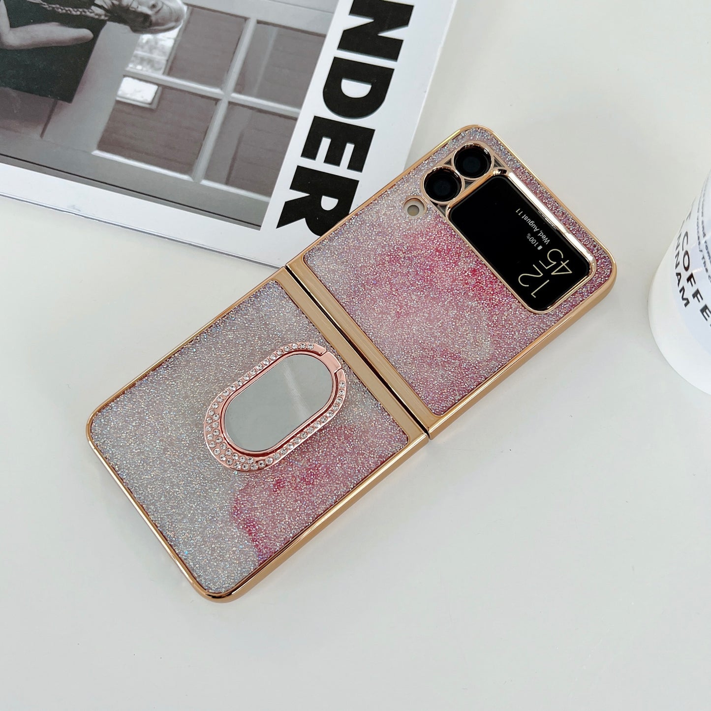 Rhinestone Decoration Stylish Electroplating Metal Ring Kickstand Design Folding Hard PC Case for Samsung Galaxy Z Flip3 5G