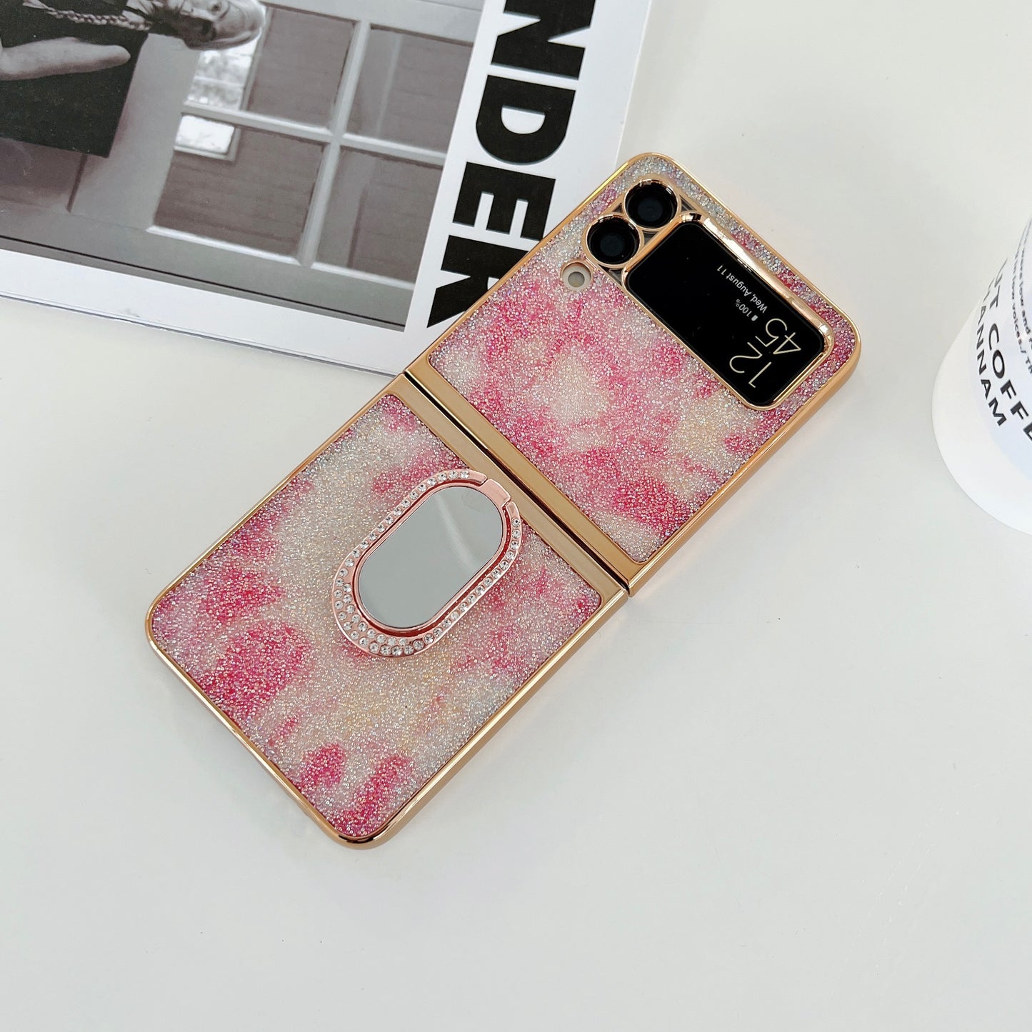 Rhinestone Decoration Stylish Electroplating Metal Ring Kickstand Design Folding Hard PC Case for Samsung Galaxy Z Flip3 5G