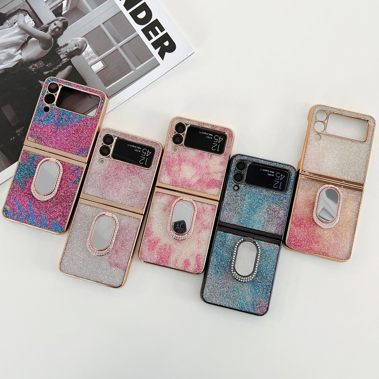 Rhinestone Decoration Stylish Electroplating Metal Ring Kickstand Design Folding Hard PC Case for Samsung Galaxy Z Flip3 5G