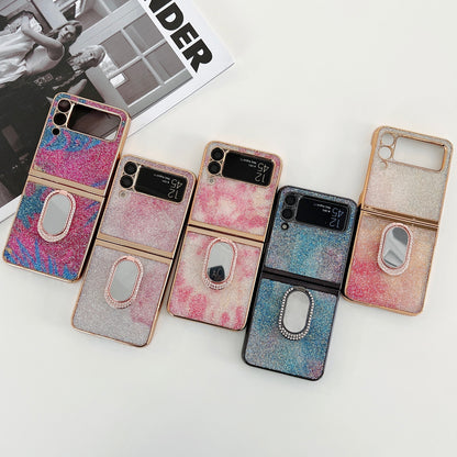 Rhinestone Decoration Stylish Electroplating Metal Ring Kickstand Design Folding Hard PC Case for Samsung Galaxy Z Flip3 5G