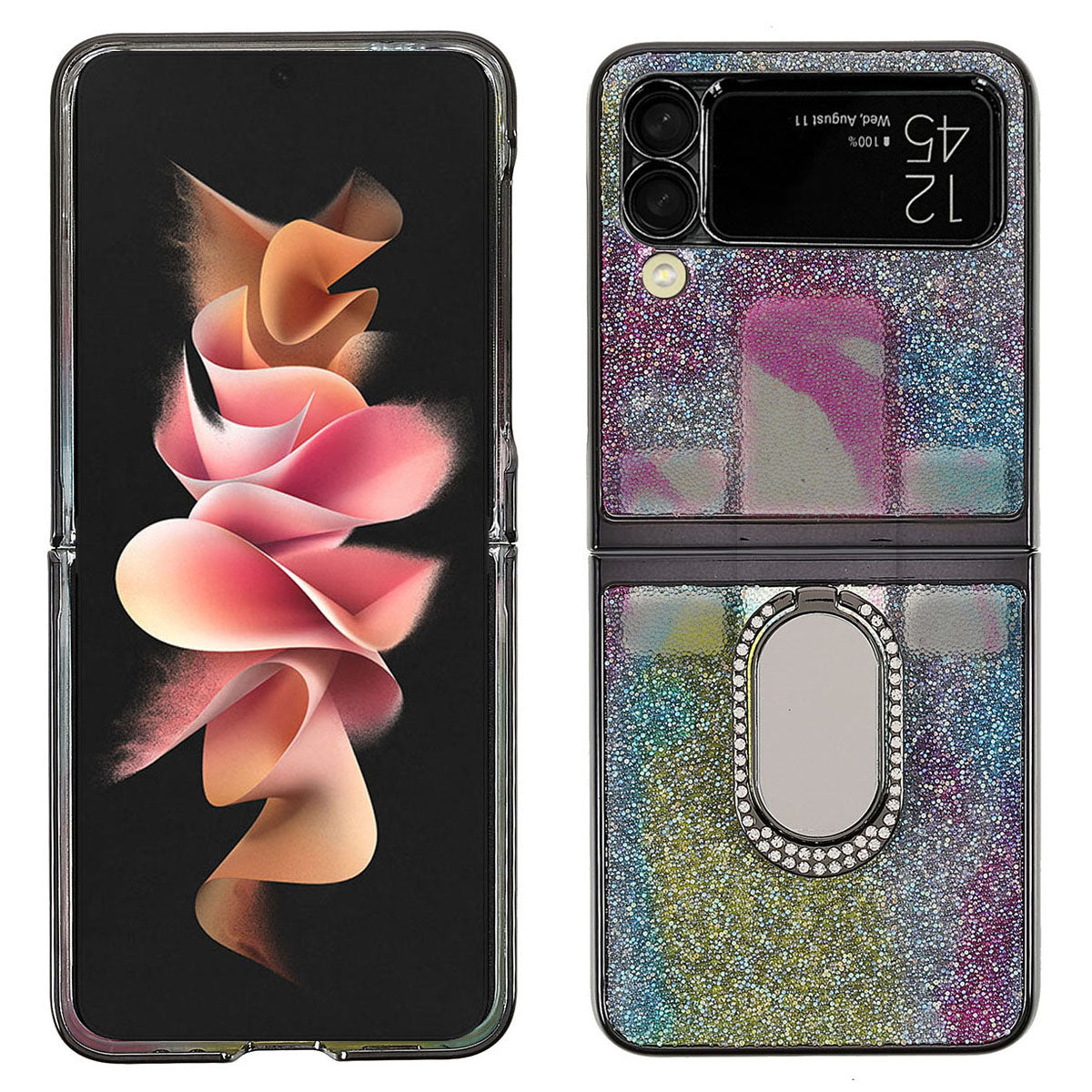 Rhinestone Decoration Stylish Electroplating Metal Ring Kickstand Design Folding Hard PC Case for Samsung Galaxy Z Flip3 5G
