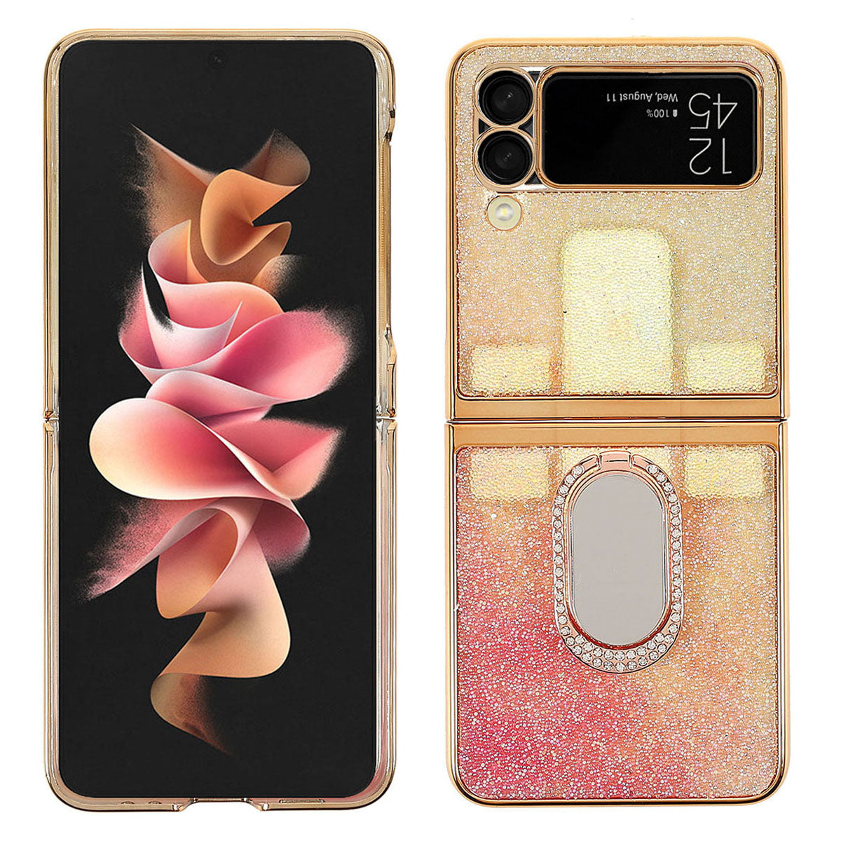 Rhinestone Decoration Stylish Electroplating Metal Ring Kickstand Design Folding Hard PC Case for Samsung Galaxy Z Flip3 5G