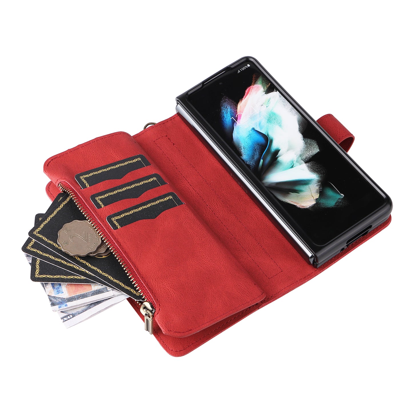 KT Multi-functional Series-2 Shockproof PU Leather  and TPU Phone Shell for Samsung Galaxy Z Fold3 5G, Multiple Card Slots Phone Stand Case