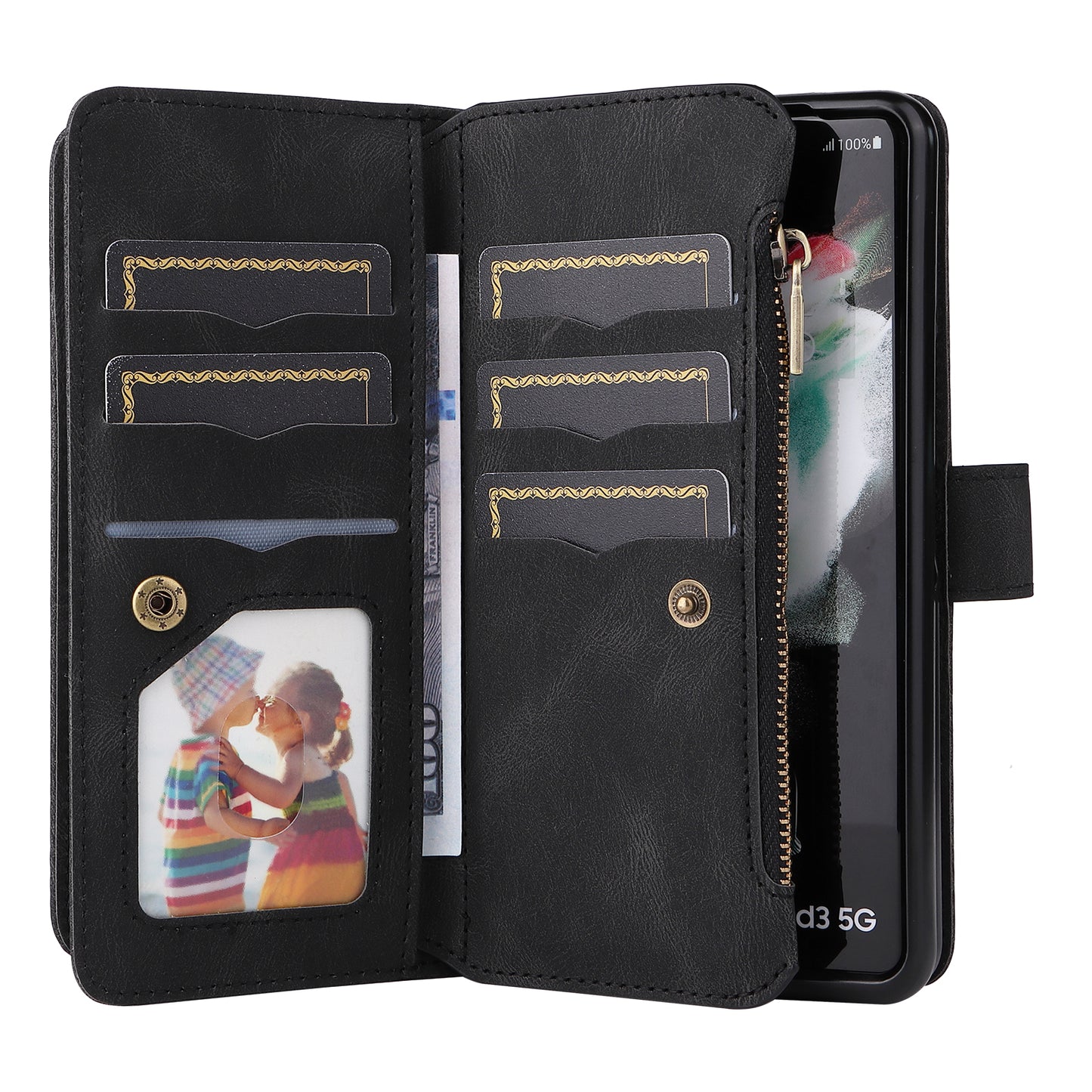 KT Multi-functional Series-2 Shockproof PU Leather  and TPU Phone Shell for Samsung Galaxy Z Fold3 5G, Multiple Card Slots Phone Stand Case
