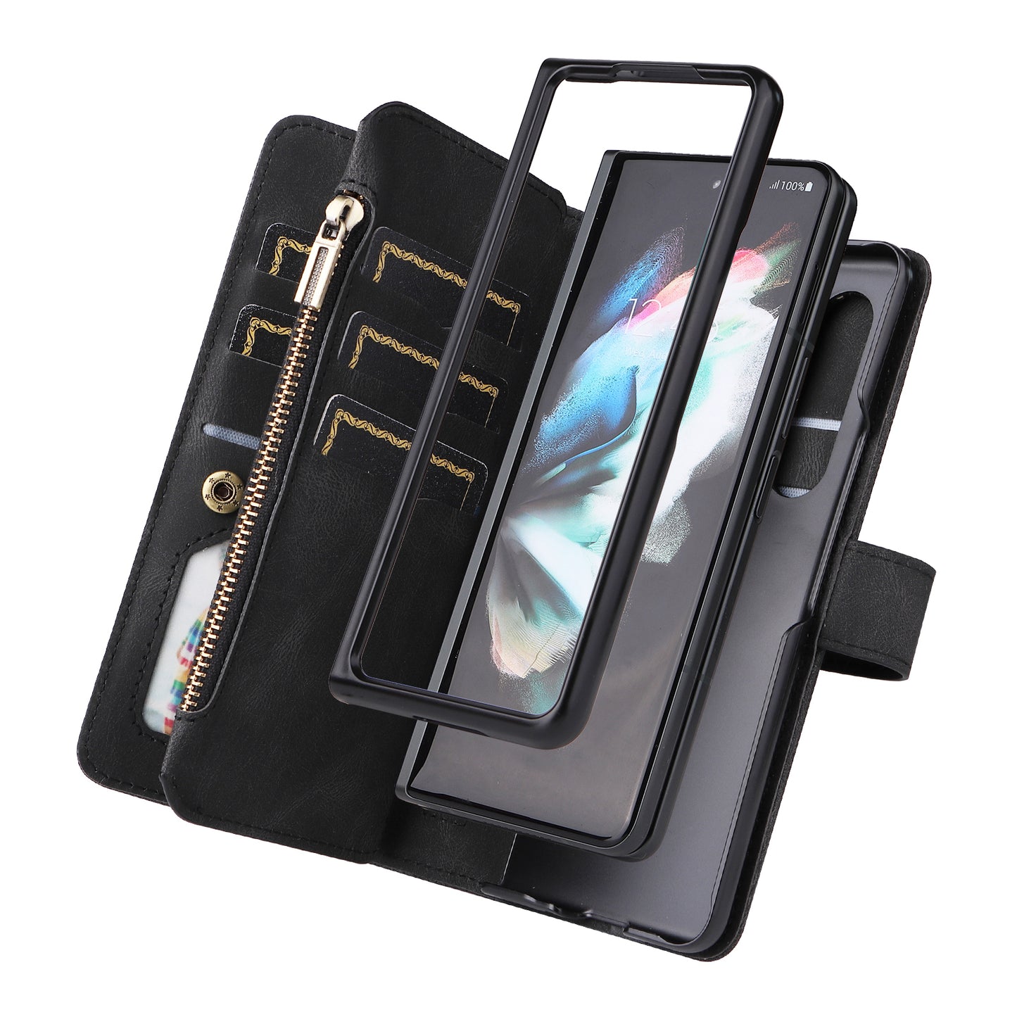 KT Multi-functional Series-2 Shockproof PU Leather  and TPU Phone Shell for Samsung Galaxy Z Fold3 5G, Multiple Card Slots Phone Stand Case