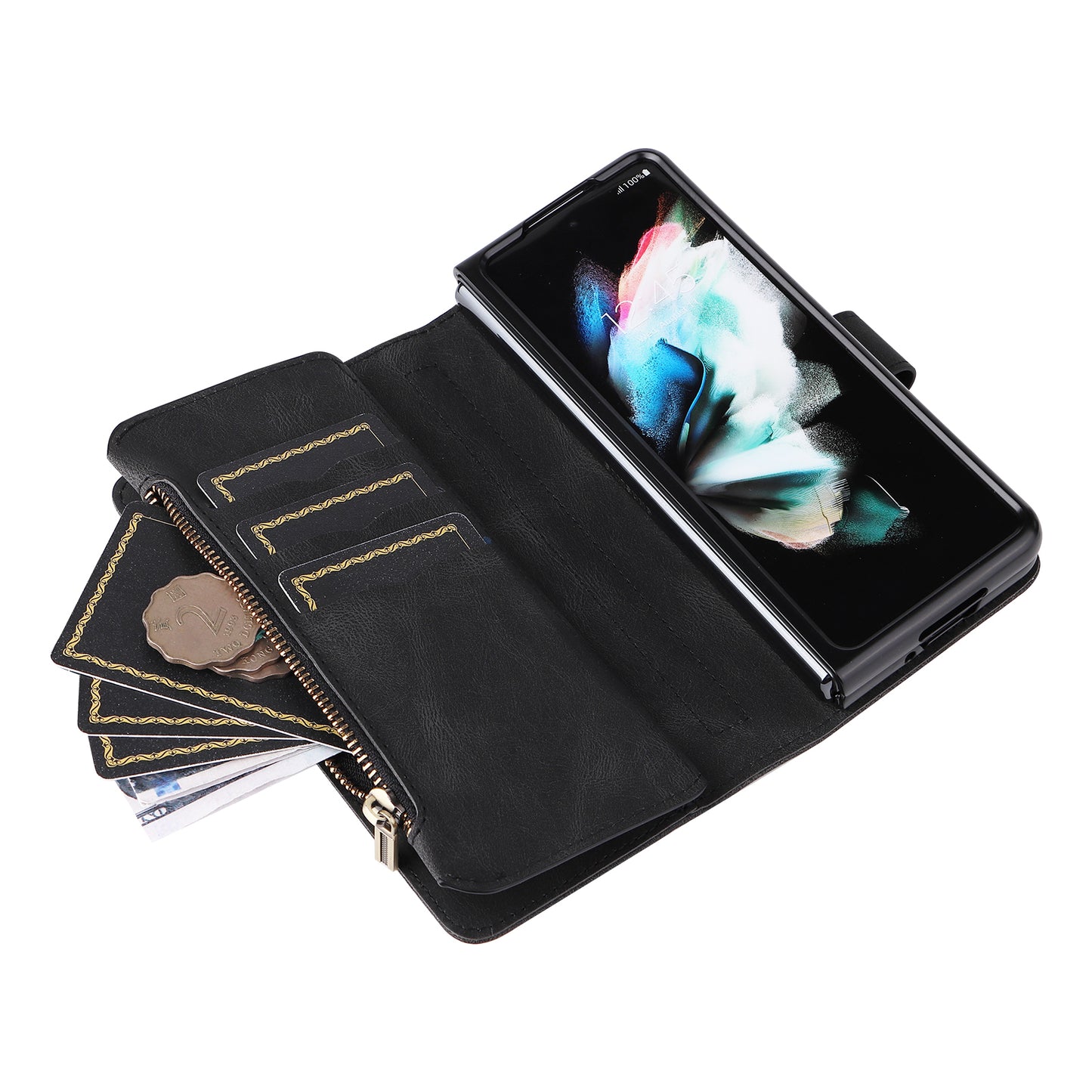 KT Multi-functional Series-2 Shockproof PU Leather  and TPU Phone Shell for Samsung Galaxy Z Fold3 5G, Multiple Card Slots Phone Stand Case