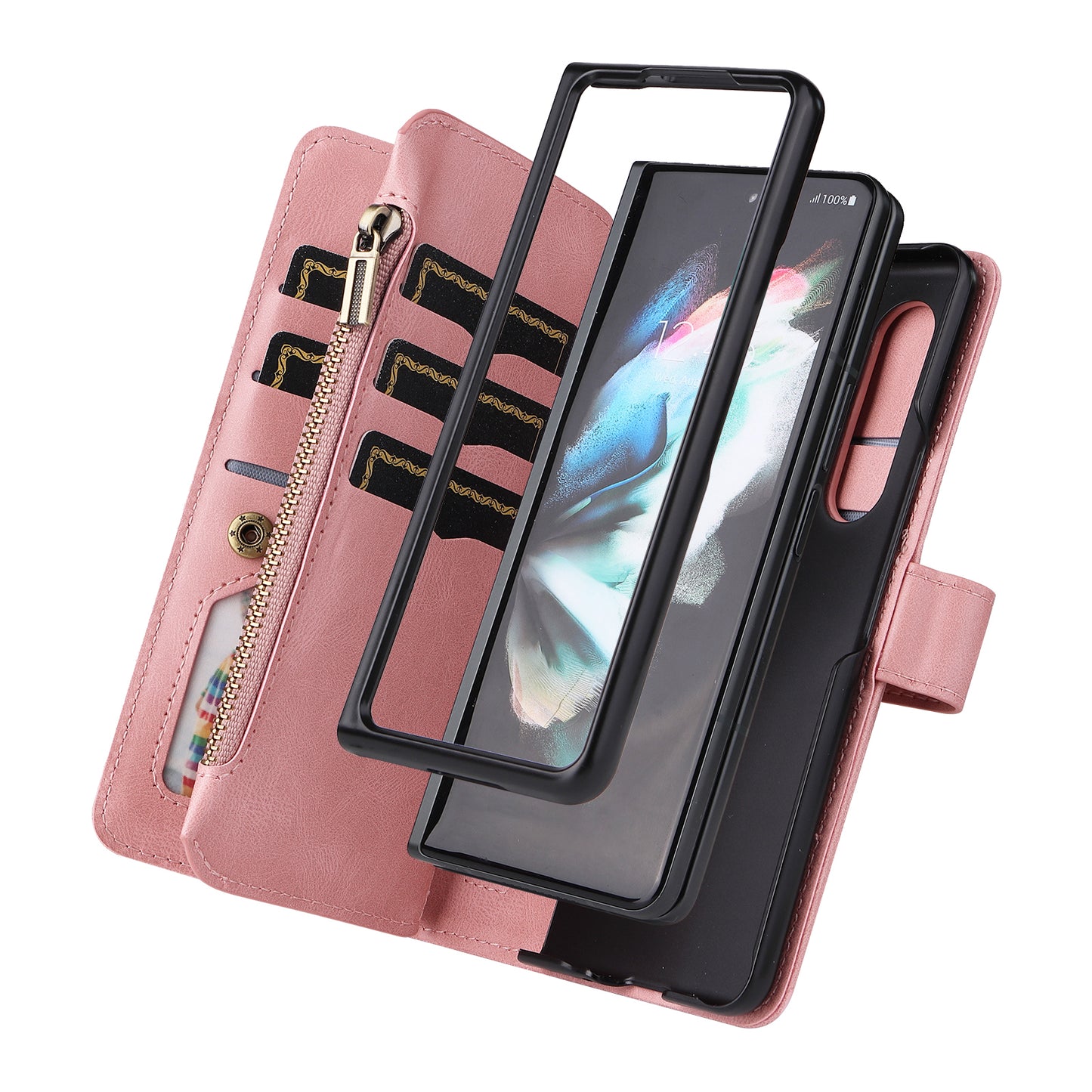 KT Multi-functional Series-2 Shockproof PU Leather  and TPU Phone Shell for Samsung Galaxy Z Fold3 5G, Multiple Card Slots Phone Stand Case