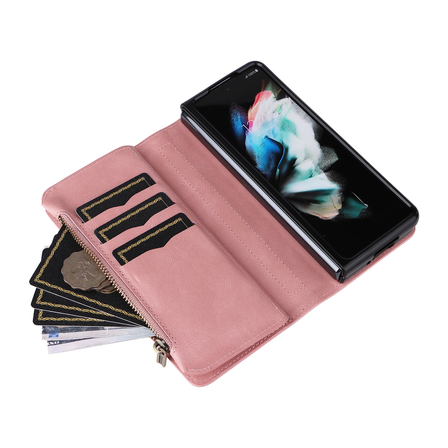 KT Multi-functional Series-2 Shockproof PU Leather  and TPU Phone Shell for Samsung Galaxy Z Fold3 5G, Multiple Card Slots Phone Stand Case