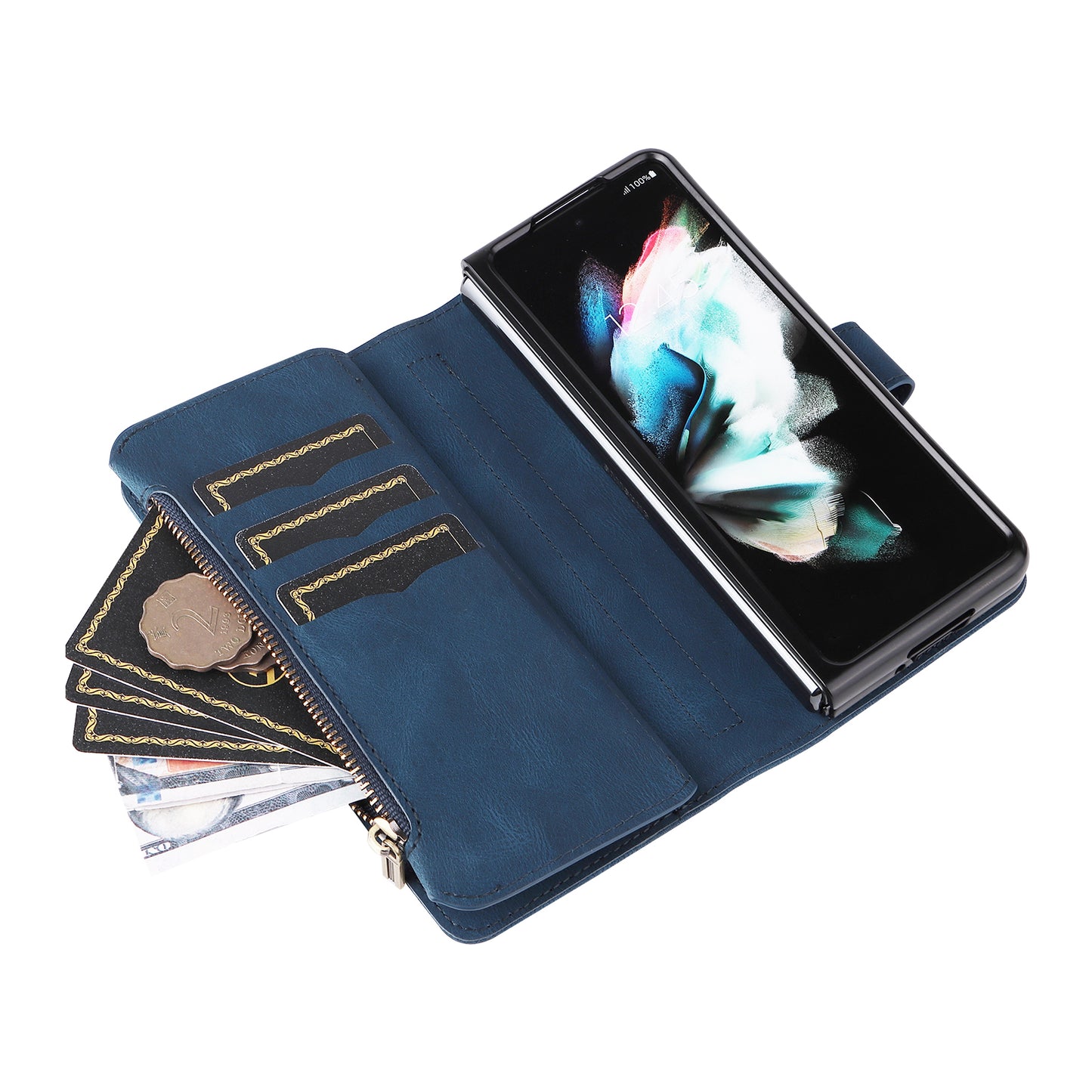 KT Multi-functional Series-2 Shockproof PU Leather  and TPU Phone Shell for Samsung Galaxy Z Fold3 5G, Multiple Card Slots Phone Stand Case