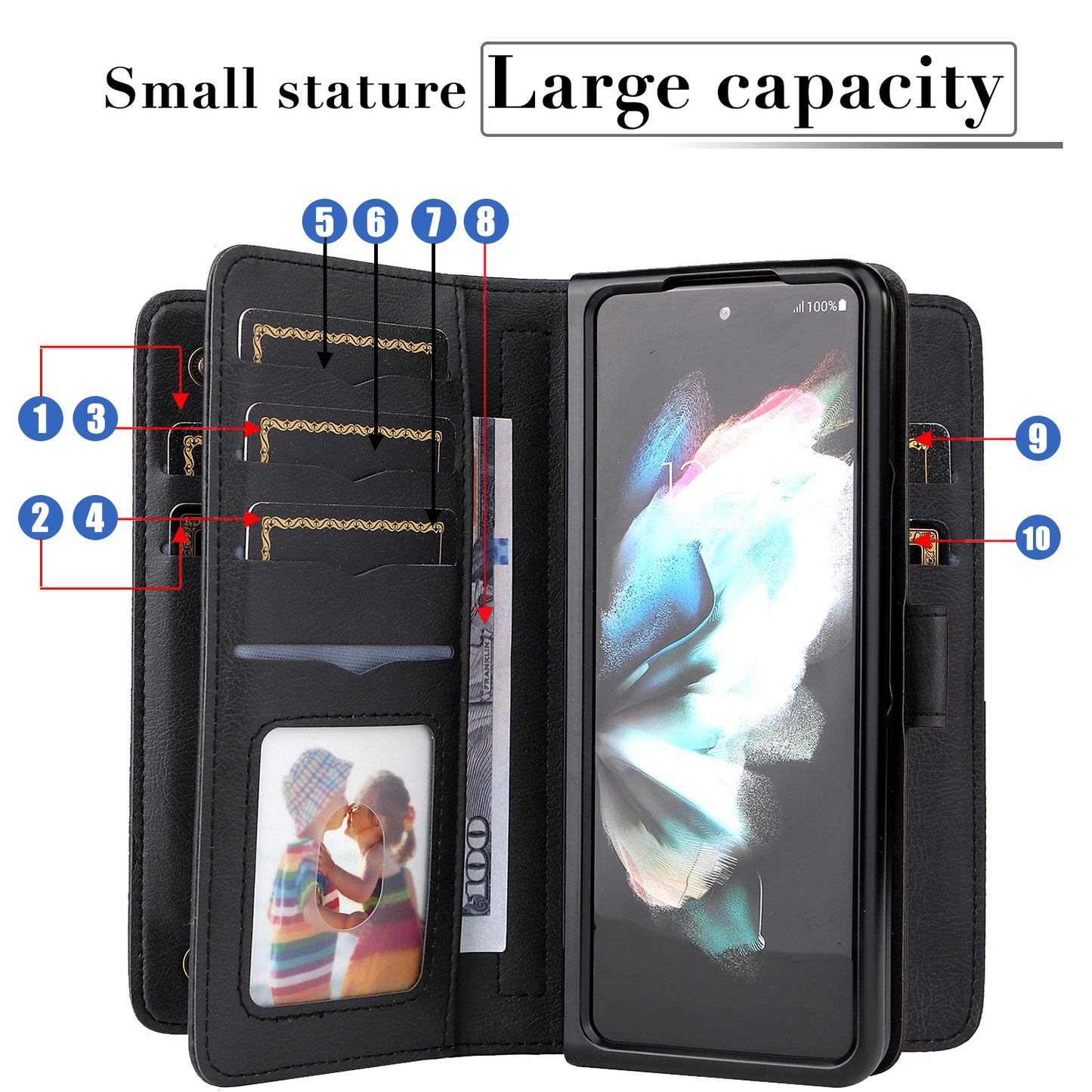 For Samsung Galaxy Z Fold3 5G KT Multi-functional Series-1  Fall-resistant 10 Card Slots Design Foldable Stand Leather Phone Cover Wallet Shell