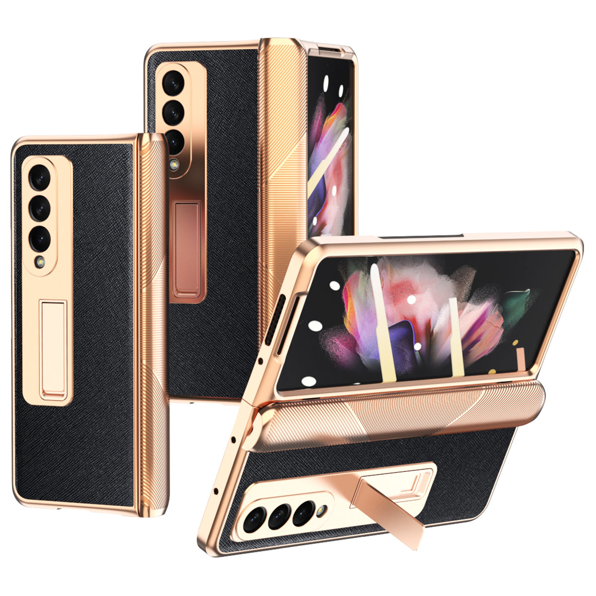 Cross Texture Electroplating PU Leather Coated TPU + PC Case Full Protection Hinge Phone Cover with Tempered Glass Screen Protector for Samsung Galaxy Z Fold3 5G