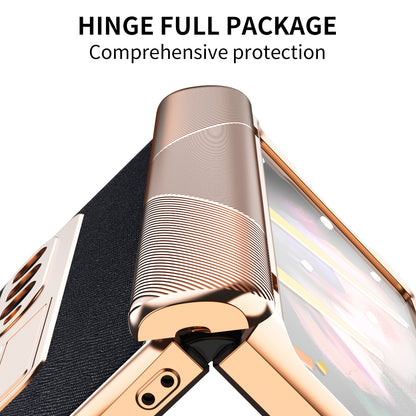 Cross Texture Electroplating PU Leather Coated TPU + PC Case Full Protection Hinge Phone Cover with Tempered Glass Screen Protector for Samsung Galaxy Z Fold3 5G