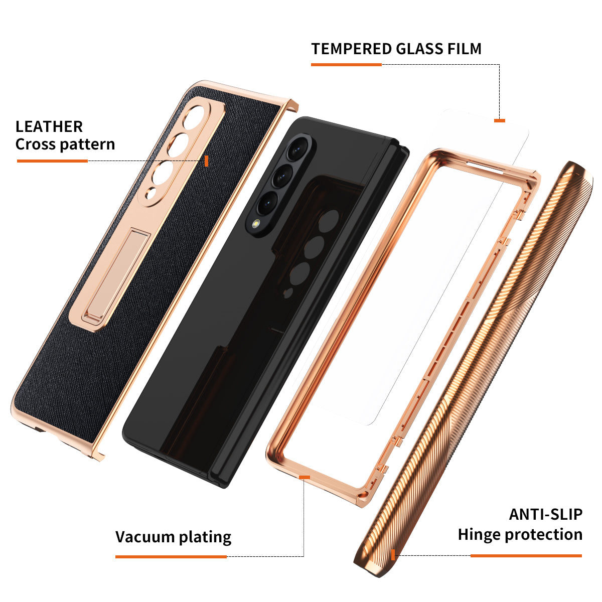 Cross Texture Electroplating PU Leather Coated TPU + PC Case Full Protection Hinge Phone Cover with Tempered Glass Screen Protector for Samsung Galaxy Z Fold3 5G