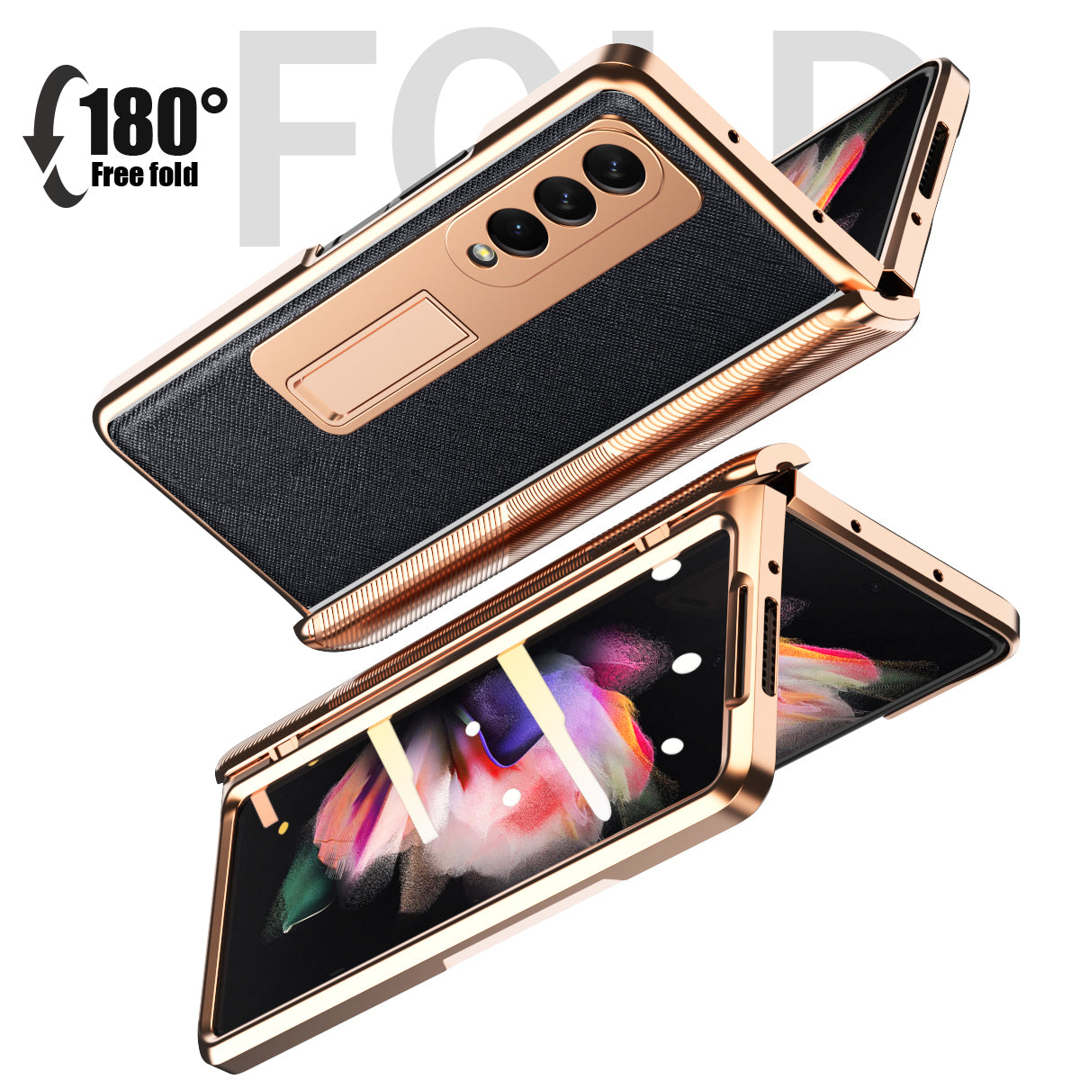 Cross Texture Electroplating PU Leather Coated TPU + PC Case Full Protection Hinge Phone Cover with Tempered Glass Screen Protector for Samsung Galaxy Z Fold3 5G