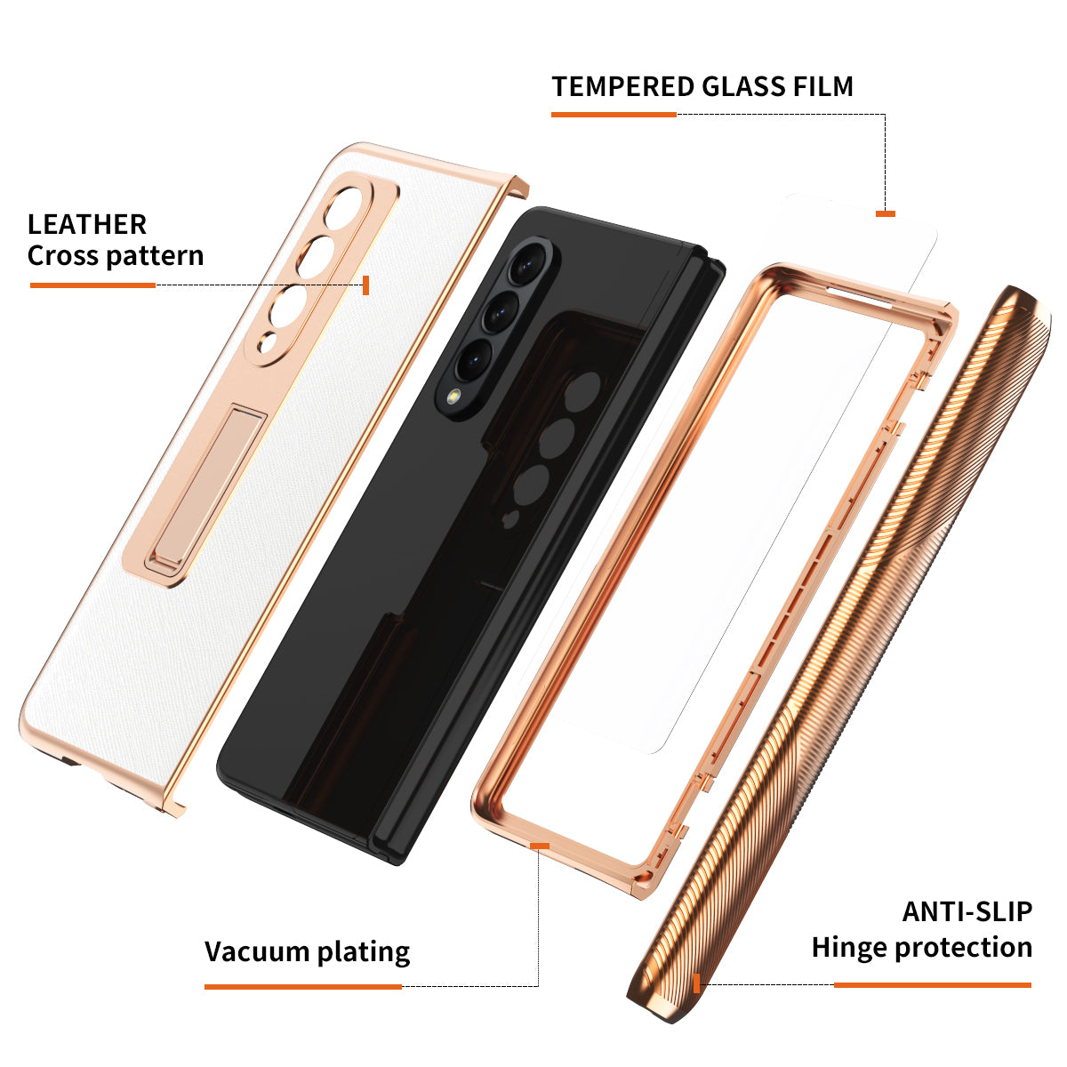 Cross Texture Electroplating PU Leather Coated TPU + PC Case Full Protection Hinge Phone Cover with Tempered Glass Screen Protector for Samsung Galaxy Z Fold3 5G