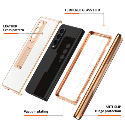 Cross Texture Electroplating PU Leather Coated TPU + PC Case Full Protection Hinge Phone Cover with Tempered Glass Screen Protector for Samsung Galaxy Z Fold3 5G