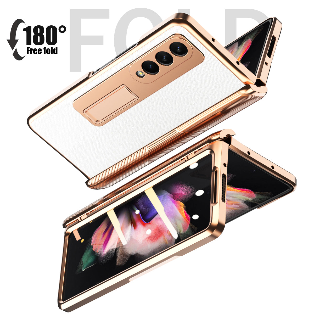 Cross Texture Electroplating PU Leather Coated TPU + PC Case Full Protection Hinge Phone Cover with Tempered Glass Screen Protector for Samsung Galaxy Z Fold3 5G