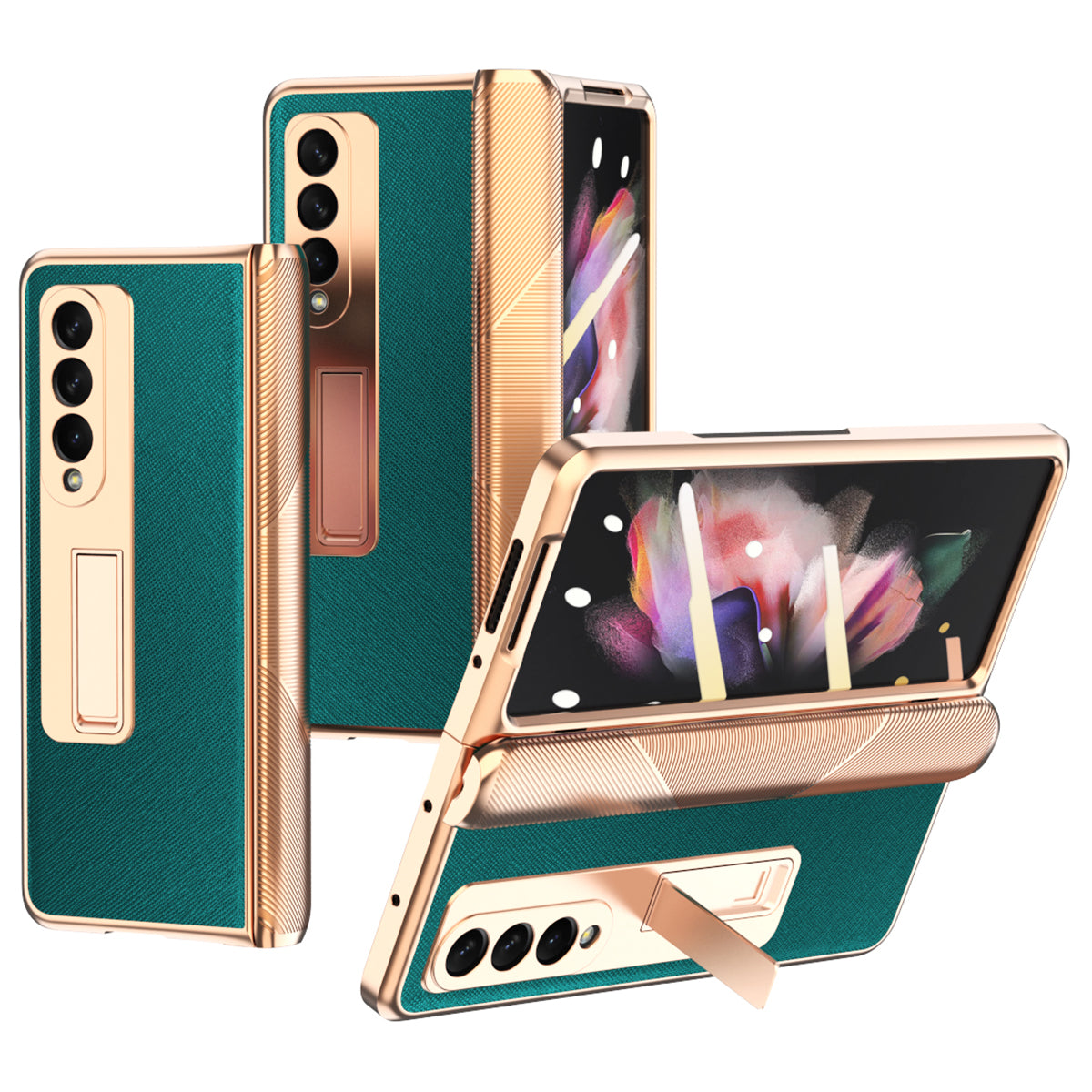Cross Texture Electroplating PU Leather Coated TPU + PC Case Full Protection Hinge Phone Cover with Tempered Glass Screen Protector for Samsung Galaxy Z Fold3 5G