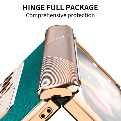Cross Texture Electroplating PU Leather Coated TPU + PC Case Full Protection Hinge Phone Cover with Tempered Glass Screen Protector for Samsung Galaxy Z Fold3 5G