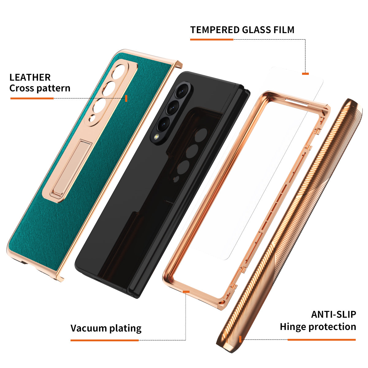 Cross Texture Electroplating PU Leather Coated TPU + PC Case Full Protection Hinge Phone Cover with Tempered Glass Screen Protector for Samsung Galaxy Z Fold3 5G