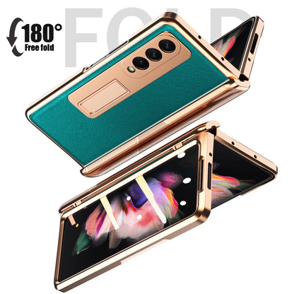 Cross Texture Electroplating PU Leather Coated TPU + PC Case Full Protection Hinge Phone Cover with Tempered Glass Screen Protector for Samsung Galaxy Z Fold3 5G