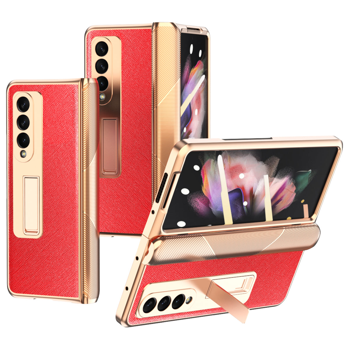 Cross Texture Electroplating PU Leather Coated TPU + PC Case Full Protection Hinge Phone Cover with Tempered Glass Screen Protector for Samsung Galaxy Z Fold3 5G