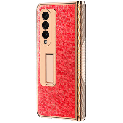 Cross Texture Electroplating PU Leather Coated TPU + PC Case Full Protection Hinge Phone Cover with Tempered Glass Screen Protector for Samsung Galaxy Z Fold3 5G