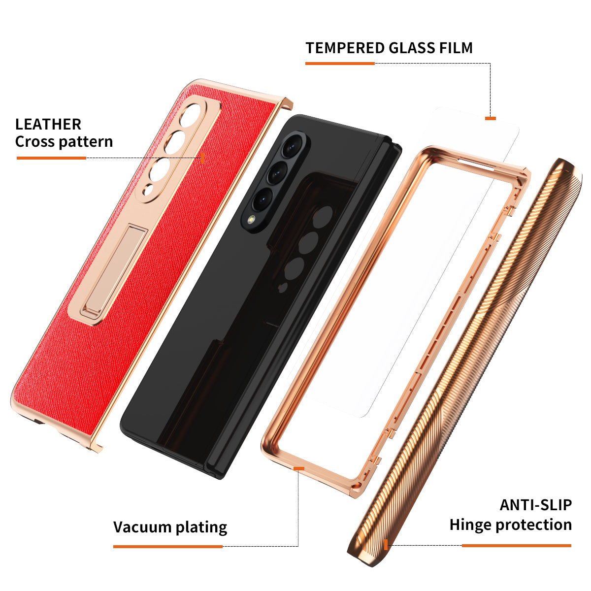 Cross Texture Electroplating PU Leather Coated TPU + PC Case Full Protection Hinge Phone Cover with Tempered Glass Screen Protector for Samsung Galaxy Z Fold3 5G