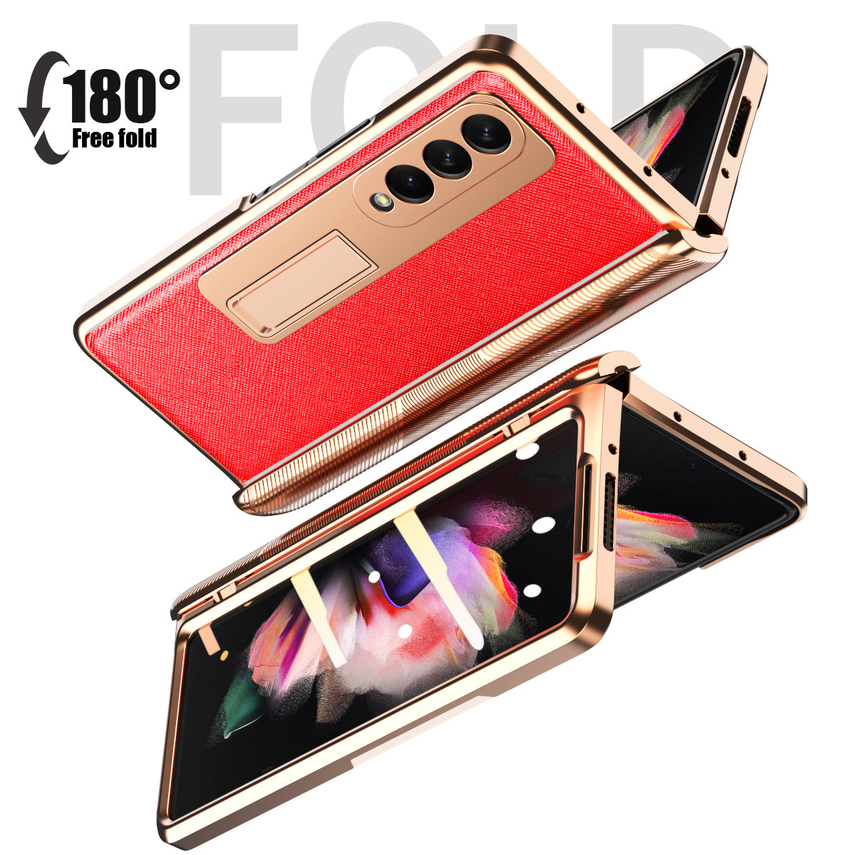Cross Texture Electroplating PU Leather Coated TPU + PC Case Full Protection Hinge Phone Cover with Tempered Glass Screen Protector for Samsung Galaxy Z Fold3 5G