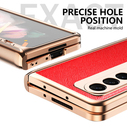 Cross Texture Electroplating PU Leather Coated TPU + PC Case Full Protection Hinge Phone Cover with Tempered Glass Screen Protector for Samsung Galaxy Z Fold3 5G