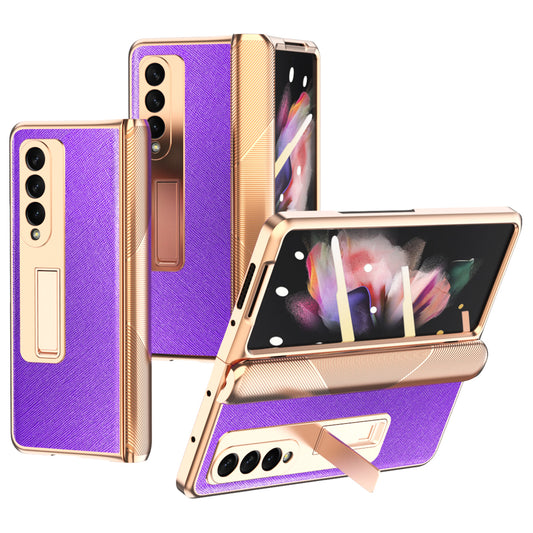 Cross Texture Electroplating PU Leather Coated TPU + PC Case Full Protection Hinge Phone Cover with Tempered Glass Screen Protector for Samsung Galaxy Z Fold3 5G