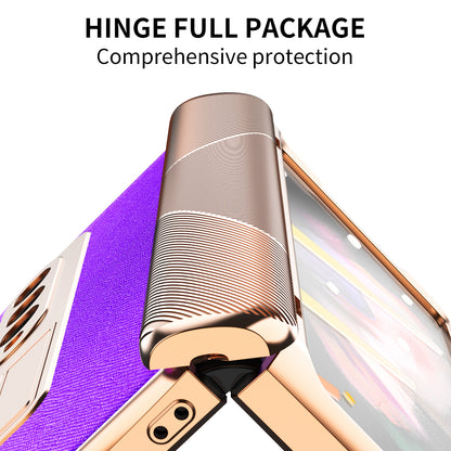 Cross Texture Electroplating PU Leather Coated TPU + PC Case Full Protection Hinge Phone Cover with Tempered Glass Screen Protector for Samsung Galaxy Z Fold3 5G