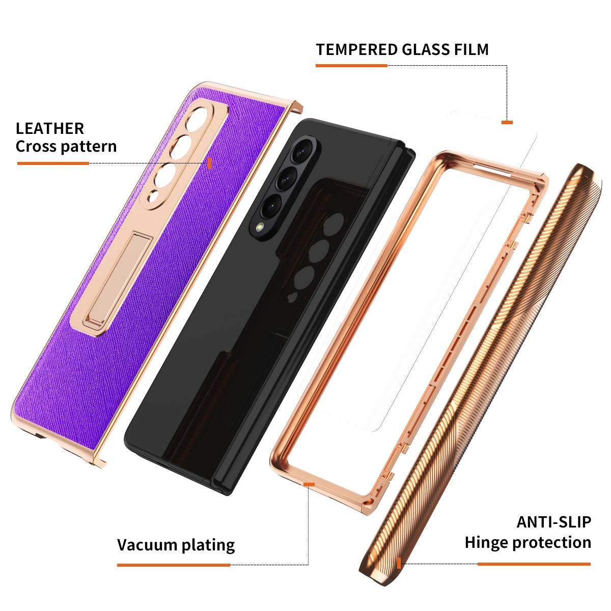 Cross Texture Electroplating PU Leather Coated TPU + PC Case Full Protection Hinge Phone Cover with Tempered Glass Screen Protector for Samsung Galaxy Z Fold3 5G