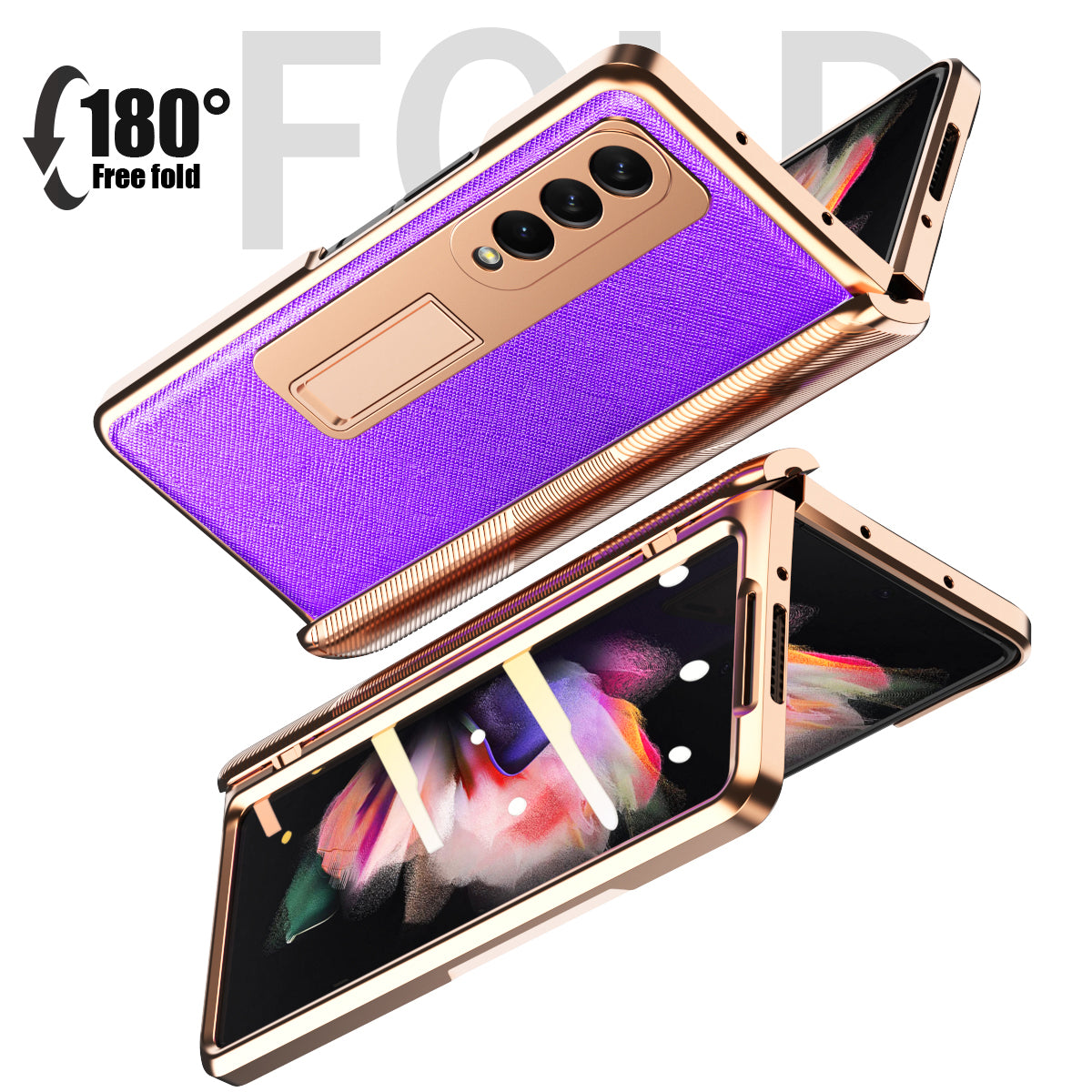 Cross Texture Electroplating PU Leather Coated TPU + PC Case Full Protection Hinge Phone Cover with Tempered Glass Screen Protector for Samsung Galaxy Z Fold3 5G