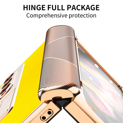 Cross Texture Electroplating PU Leather Coated TPU + PC Case Full Protection Hinge Phone Cover with Tempered Glass Screen Protector for Samsung Galaxy Z Fold3 5G