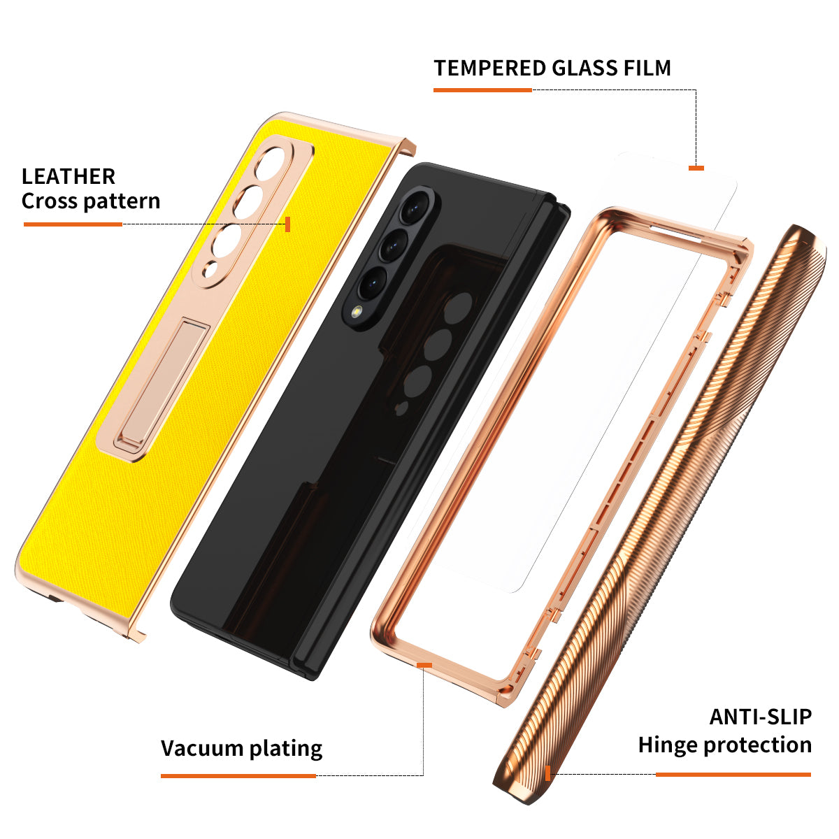 Cross Texture Electroplating PU Leather Coated TPU + PC Case Full Protection Hinge Phone Cover with Tempered Glass Screen Protector for Samsung Galaxy Z Fold3 5G