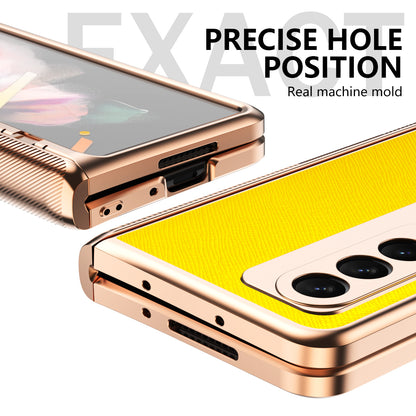 Cross Texture Electroplating PU Leather Coated TPU + PC Case Full Protection Hinge Phone Cover with Tempered Glass Screen Protector for Samsung Galaxy Z Fold3 5G