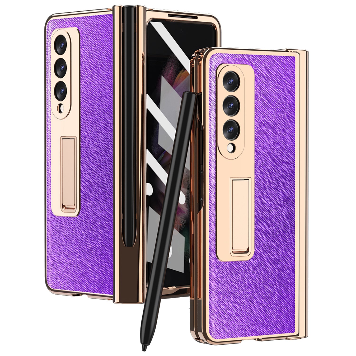 Screen Protector Design Cross Texture PU Leather Coated TPU + PC Phone Case with Hinge Pen Holder and Kickstand for Samsung Galaxy Z Fold3 5G