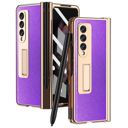 Screen Protector Design Cross Texture PU Leather Coated TPU + PC Phone Case with Hinge Pen Holder and Kickstand for Samsung Galaxy Z Fold3 5G
